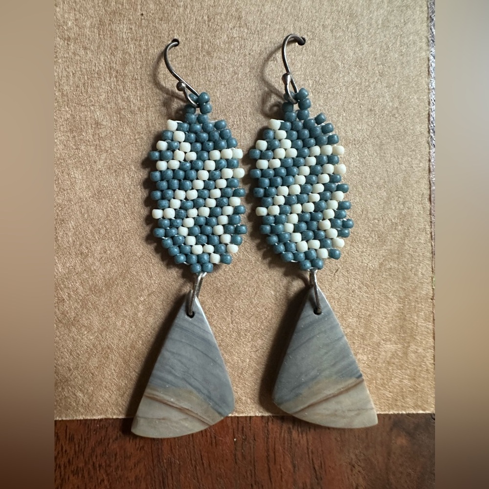 Handmade Teal and Cream Beaded Dangle Earrings with Stone Drops